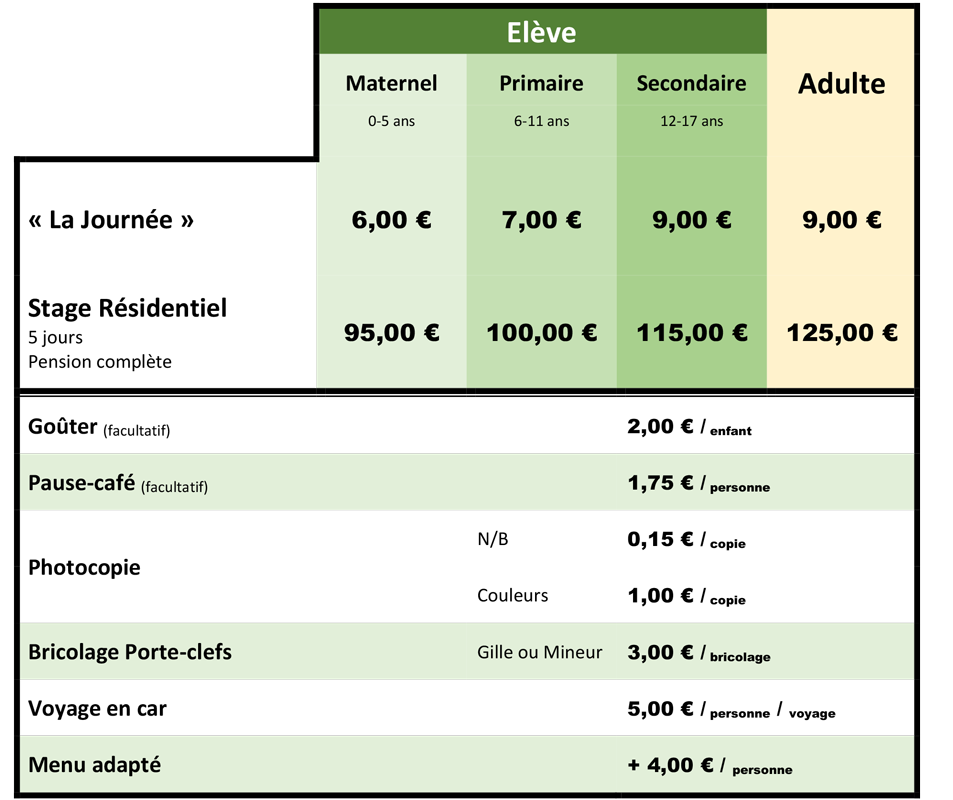 Tarifs 2021-2022